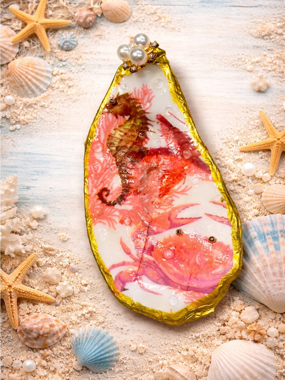 Seahorse & Coral Shell Ring Holder with Gold Edge